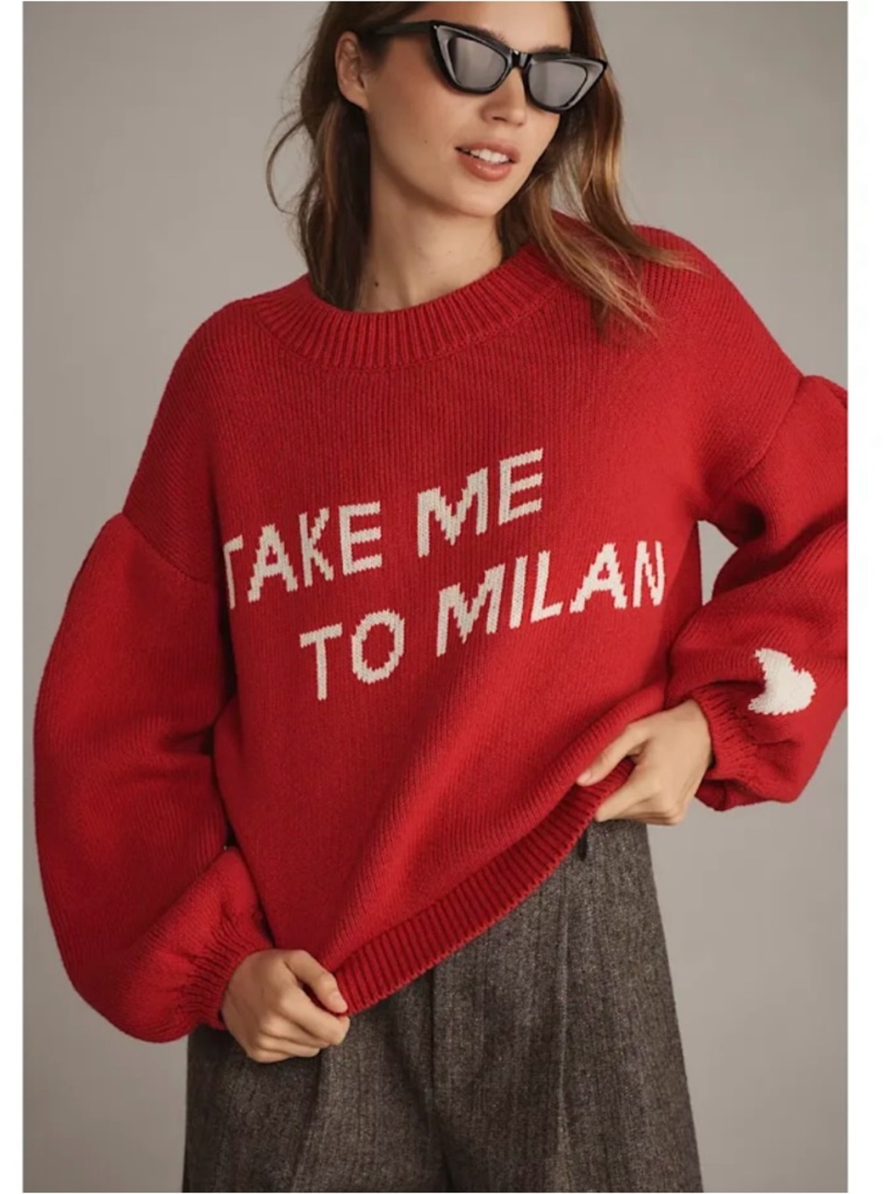 Maeve Red Crewneck Sweater with White 'Take Me to Milan' Intarsia